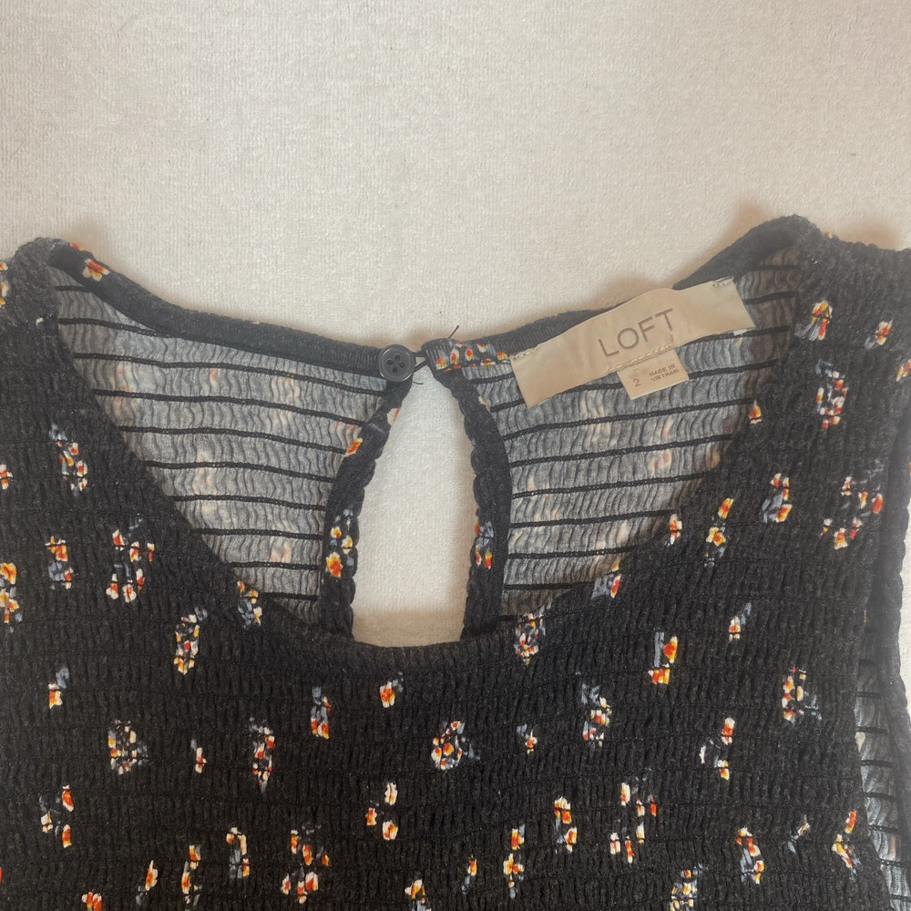 Loft Smocked Bodice Flare Boho Cottagecore Rayon Black Floral Dress Size 2 - Picture 5 of 6